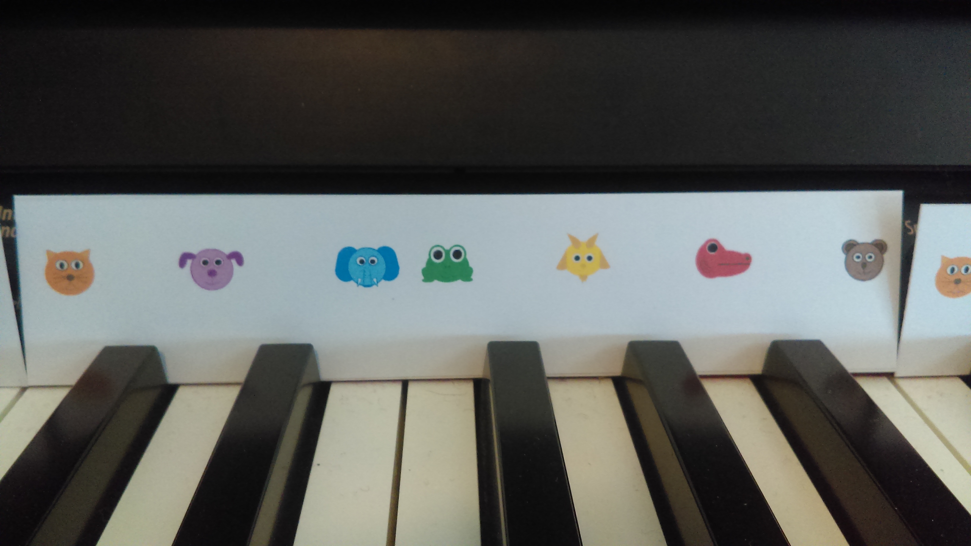 Animal stickers in front of the piano keys