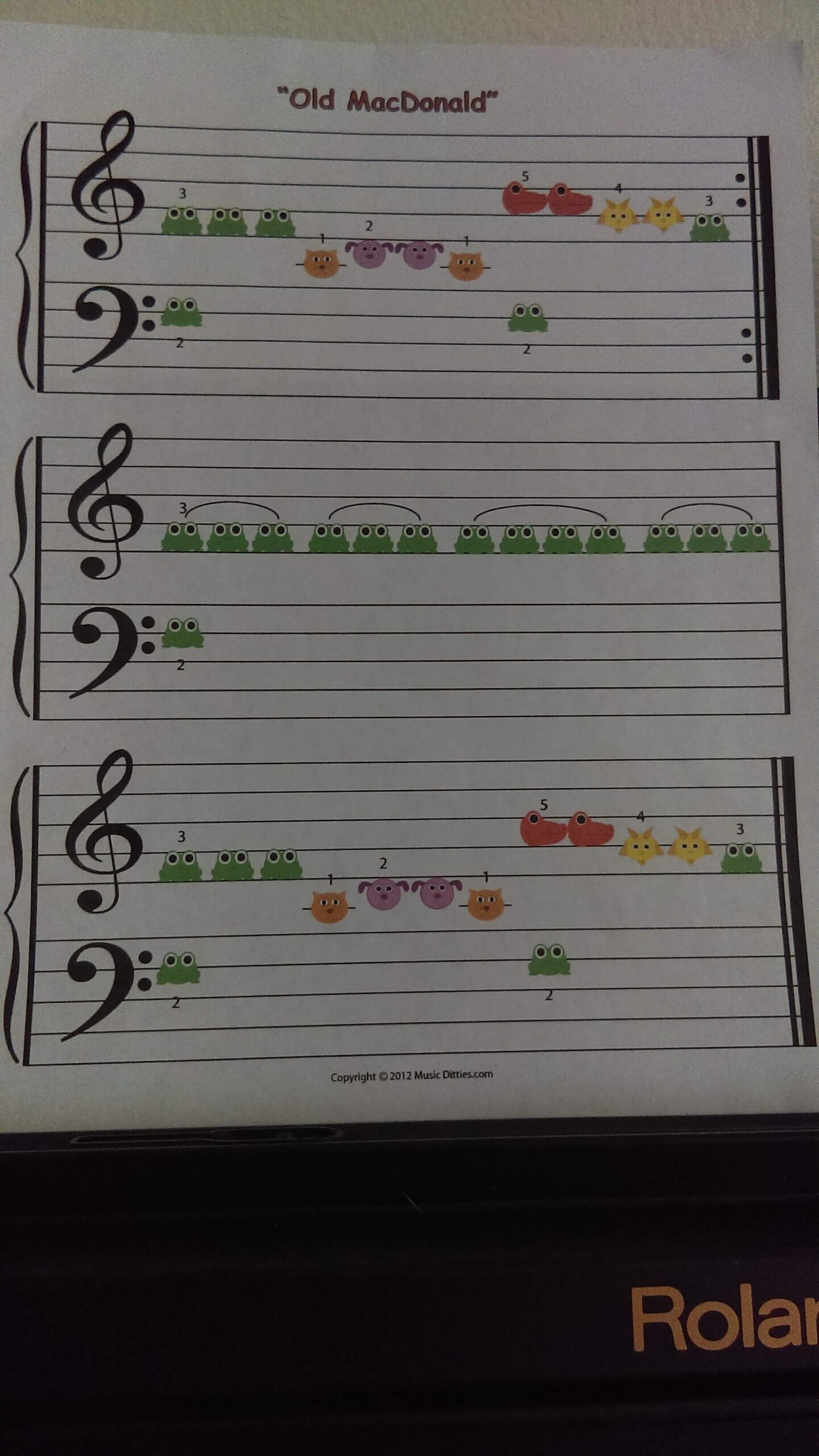 A sheet of music with notes and frogs on it.